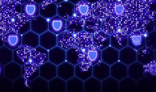 Hexagon network covering the world map with glowing data centers and shield symbols global cybersecurity 