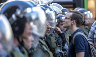 Police confrontation with civilians, as people are trying to get to the protest on Tverskaya Street.  Moscow, Russia. 27 July, 2019. Editorial credit:  Aleksandr Beliakov / Shutterstock.com