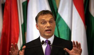 Hungarian flag background with Viktor Orban