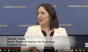 Sarah Cook video screenshot at Carnegie Council event Uighur genocide